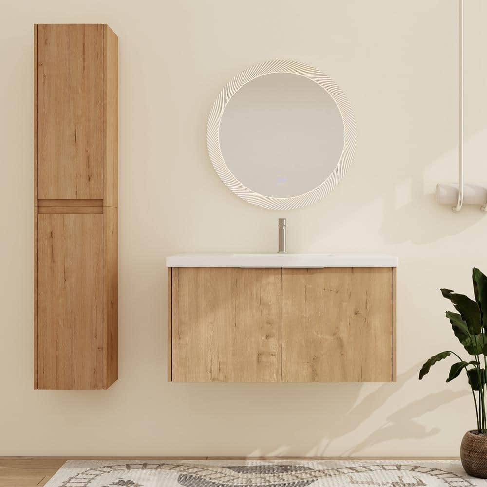 35.4 in.W x 18.1 in.D x 19.3 in.H Wall-Mounted Bath Vanity in Oak with Whit