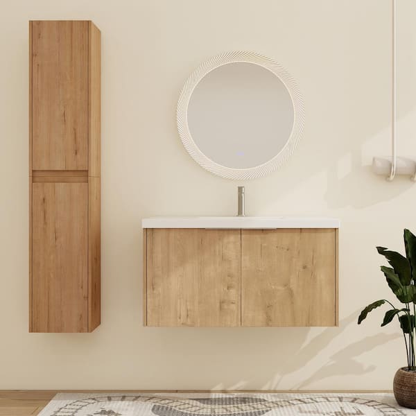 ARTCHIRLY 35.4 in.W x 18.1 in.D x 19.3 in.H Wall-Mounted Bath Vanity in Oak with White Resin Top and Side Cabinets