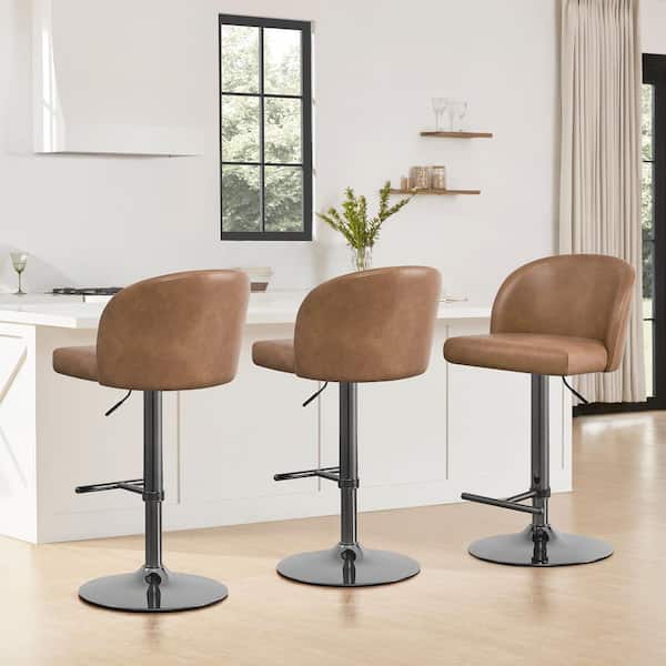 Levi Camel/Gunmetal Gas Lift Adjustable Swivel Counter Stool with Upholstered Back for Kitchen or Home Bar (Set of 3)