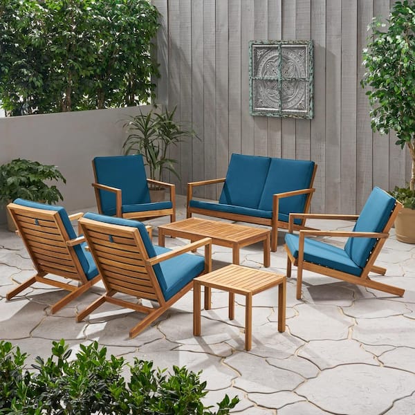 Noble House Leah Brown Patina 7-Piece Wood Outdoor Patio Conversation Seating Set with Dark Teal Cushions
