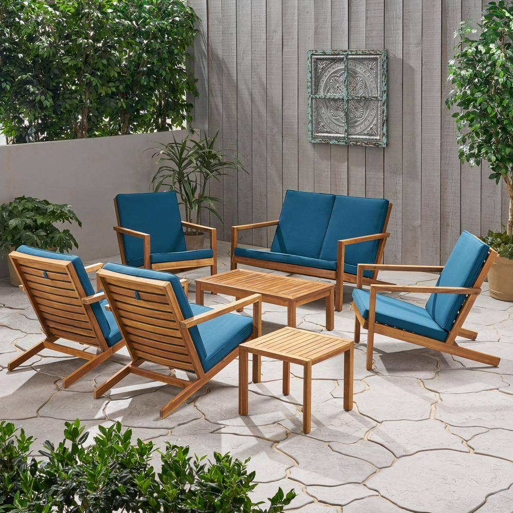 Noble House Leah Brown Patina 7-Piece Wood Patio Conversation Seating Set with Dark Teal Cushions - 1