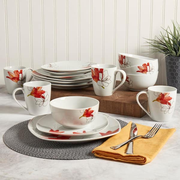 Tabletops Gallery Lily 16-Piece Casual White with Pattern Ceramic