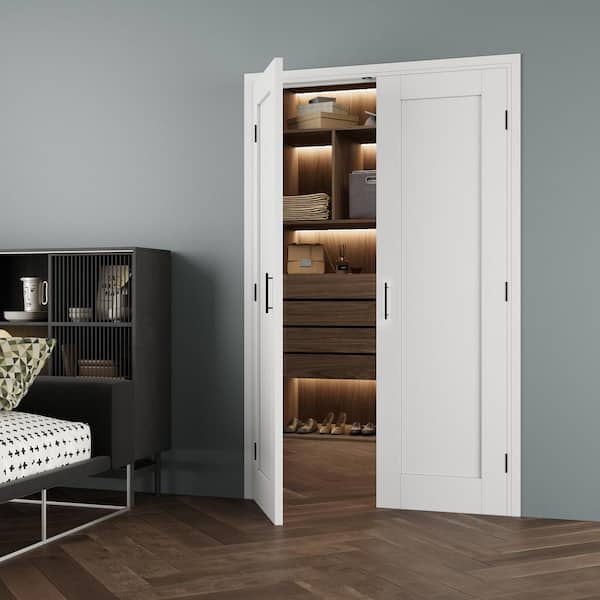 48 in. x 80in. 1-Panel Frosted Glass Universal White Solid Core Wood Double Prehung French Door+Separate Jamb&Ball Catch