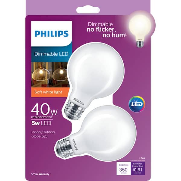 Weiland Verdwijnen Diplomatieke kwesties Philips 40-Watt Equivalent G25 Dimmable LED Light Bulb Soft White Frosted  Globe (2-Pack) 477661 - The Home Depot