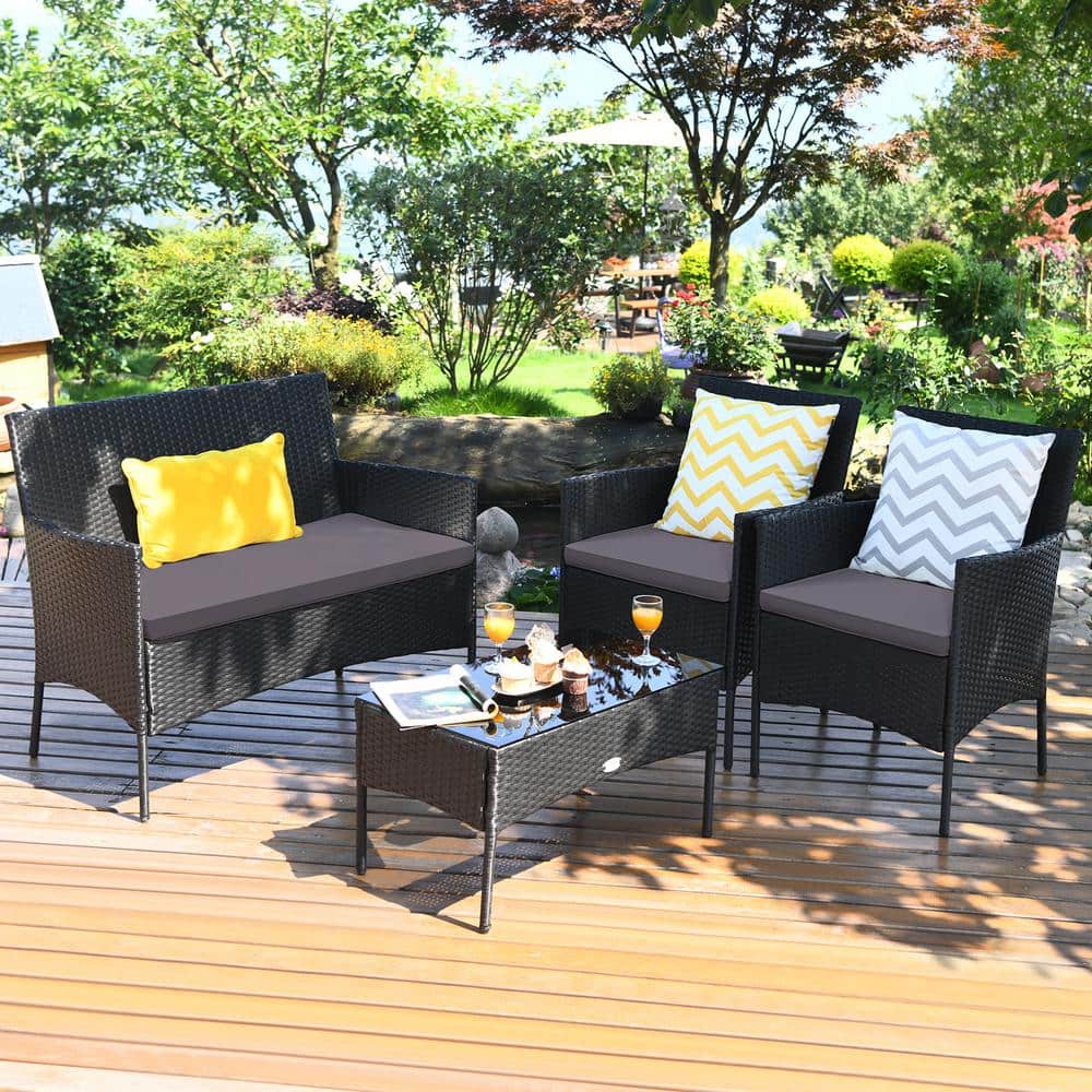 Gray and Off-White 4-Person Rattan Outdoor Sofa Set with Tempered Glass Table