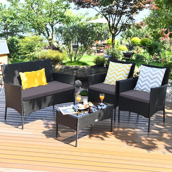 ANGELES HOME 4-Piece PE Rattan Wicker Patio Conversation Set with Gray Cushions andTempered Glass Coffee Table