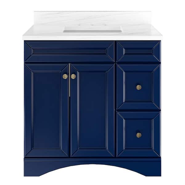 VANITYFUS Solid Wood 36 in. W x 22 in. D x 39.3 in. H Single Sink Bath Vanity in Navy Blue with Carrara White Natural Marble Top