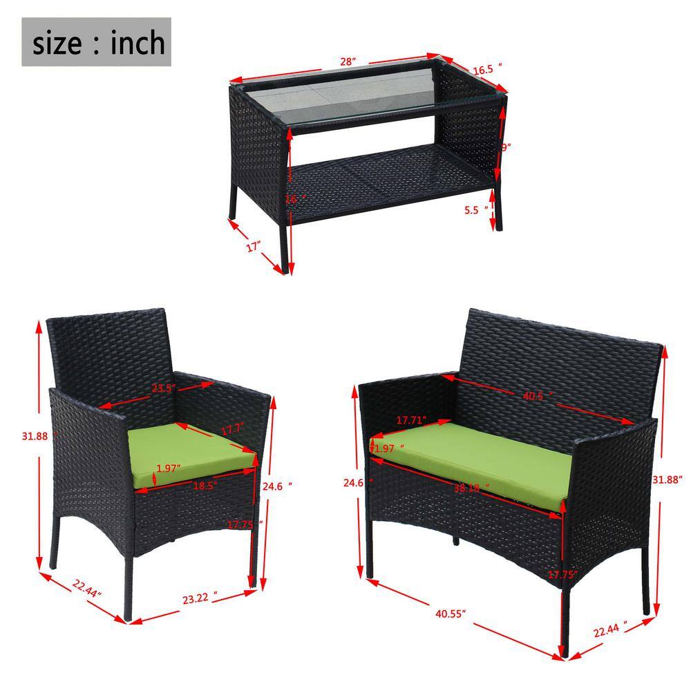 4-Piece Black Iron Wicker Patio Set with Green Cushions