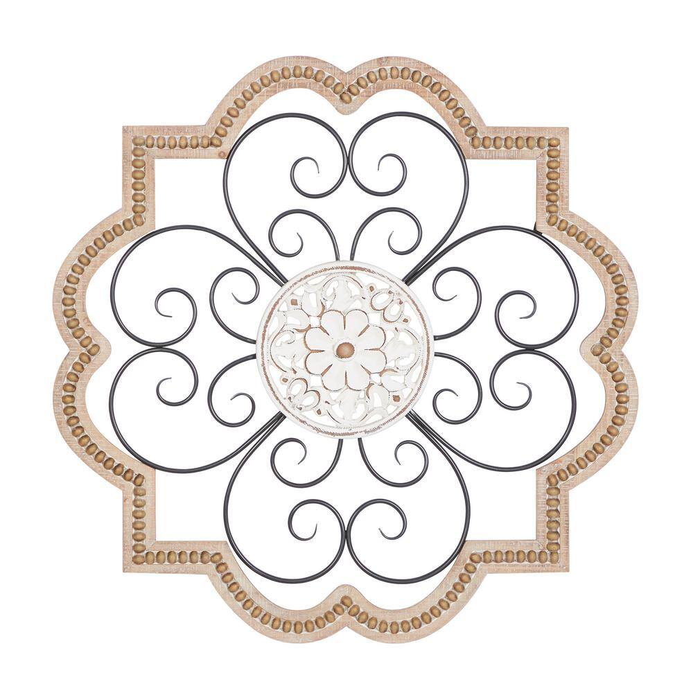 Brown and White Wooden Floral Scroll Wall Sculpture with Metal Accents