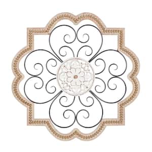 27 in. x  27 in. Wooden Brown Carved Beading Scroll Wall Decor with Metal Accents