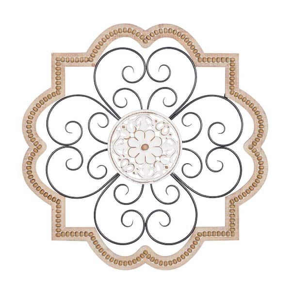 27 in. x 27 in. Wooden Brown Carved Beading Scroll Wall Decor with Metal Accents