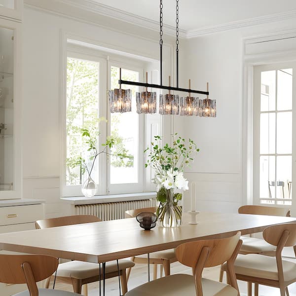 Echonalyri Modern 5-Light Glam 35.4 in. W Black and Brass Island Chandelier with Geometric Gray Textured Glass Shades