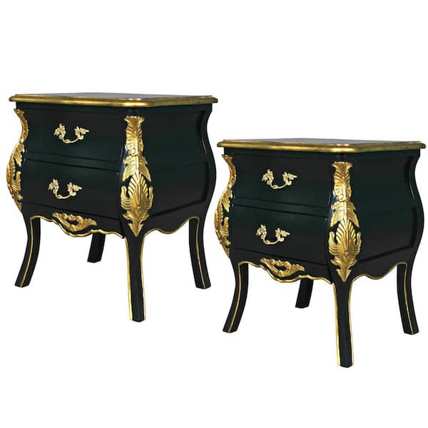 Design Toscano Saint-Honore Nightstand Bombe 21 in. Black and Gold Standard Rectangle Wood End Table with 2-Pieces