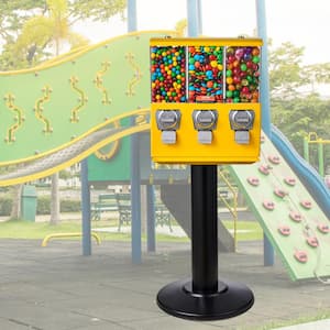 Commercial Vending Machine, 3-Compartment Triple Candy Dispenser, Coin Operated Gumball Bank, Yellow