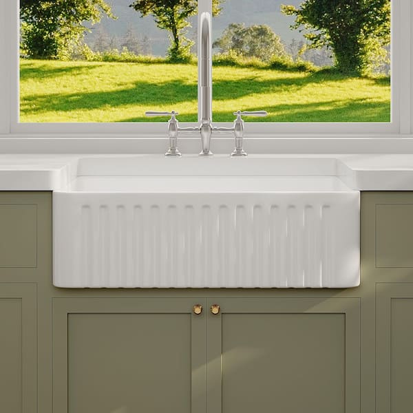 Brooklyn 30 in. x 18 in. Single Bowl Farmhouse Apron Kitchen Sink with Bottom Grids and Strainer in White Ceramic