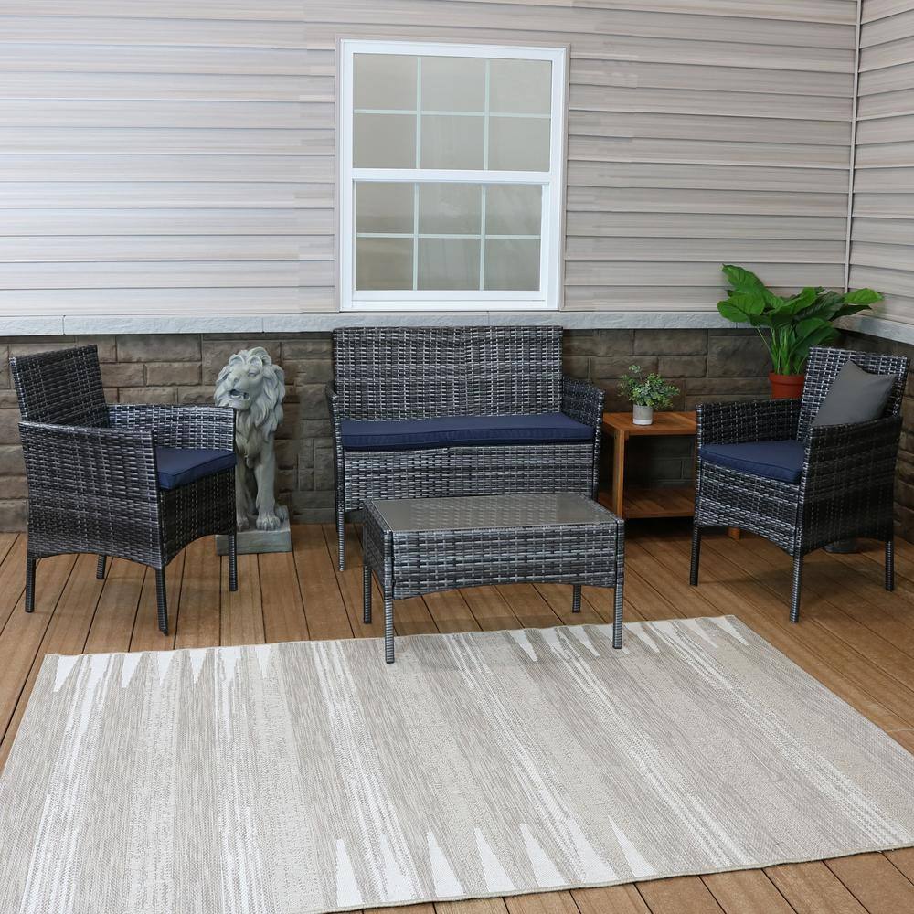 Gray Rattan 4-Piece Patio Set with Navy Cushions