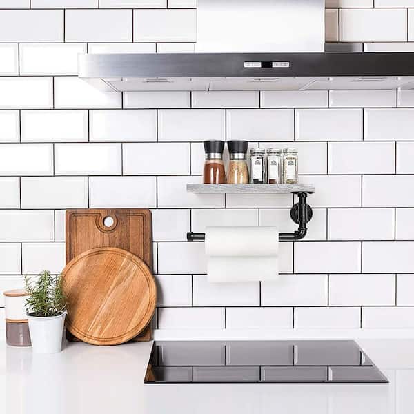 Whitewashed Wood and Black Metal Pipe Paper Towel Holder, Wall Mounted or Freestanding with Shelf