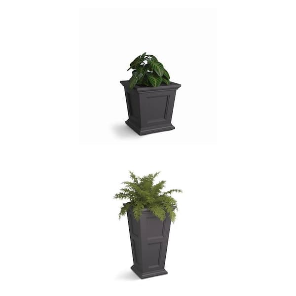 Fairfield 16 in. Square and 28 in. Tall Self-Watering Graphite Grey Planter Combo (2 Piece)