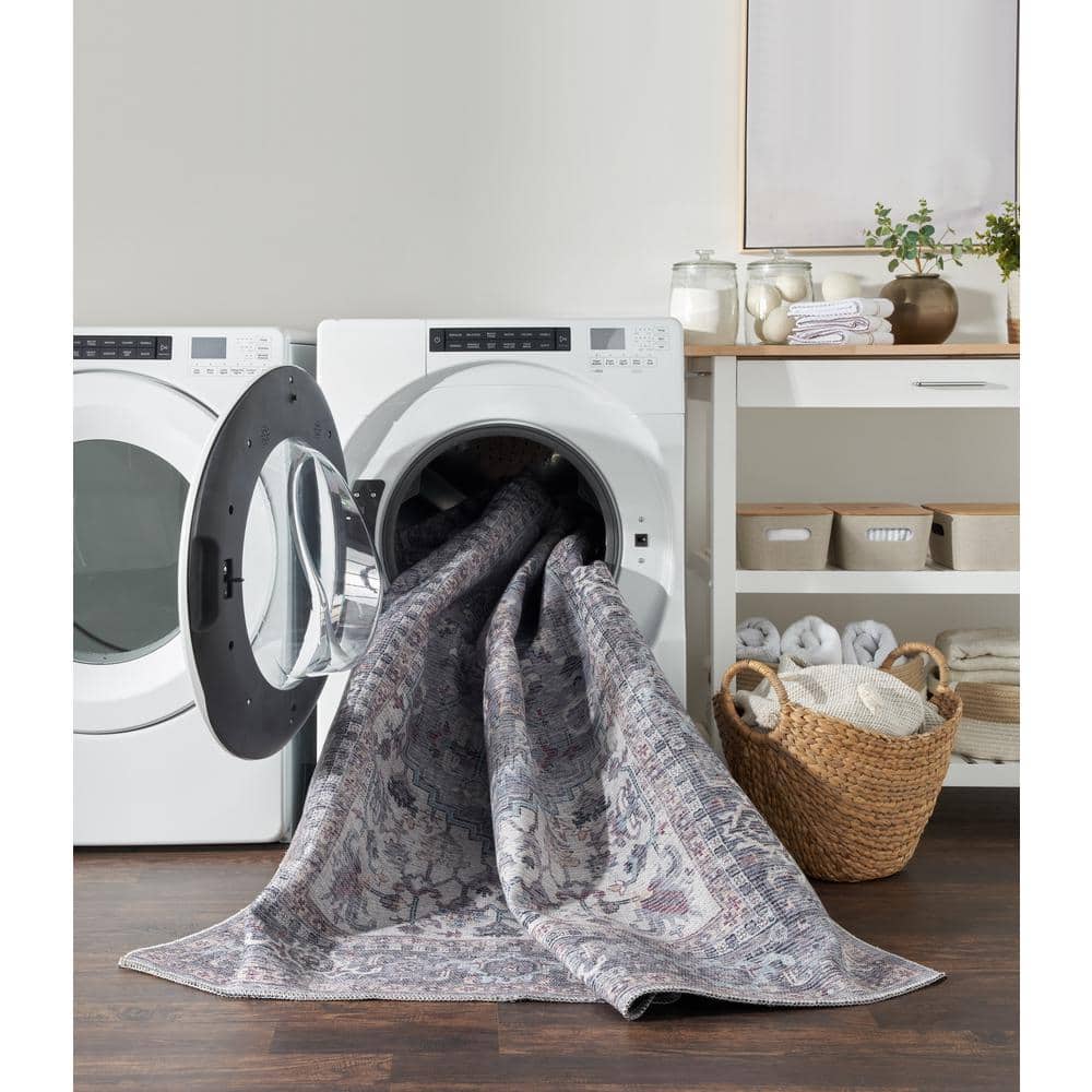 Gray Floral Medallion Machine Washable Area Rug 5'3" x 7'3"