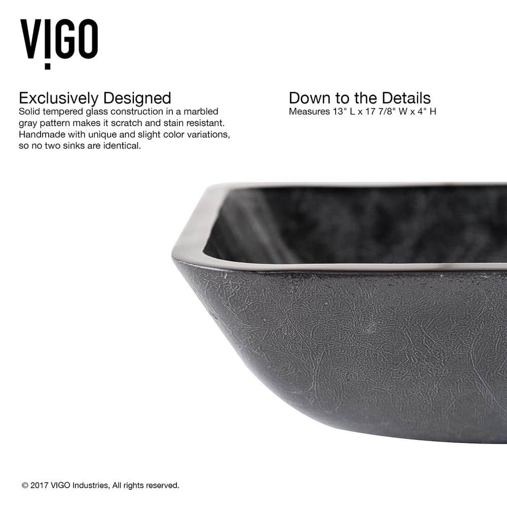 Gray Onyx Glass Rectangular Vessel Sink with Chrome Faucet