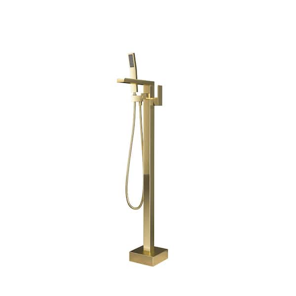 Aosspy Single-Handle Free Standing Floor Mount Waterfall Tub Filler Bathroom Tub Faucets with Handheld Shower in Brushed Gold