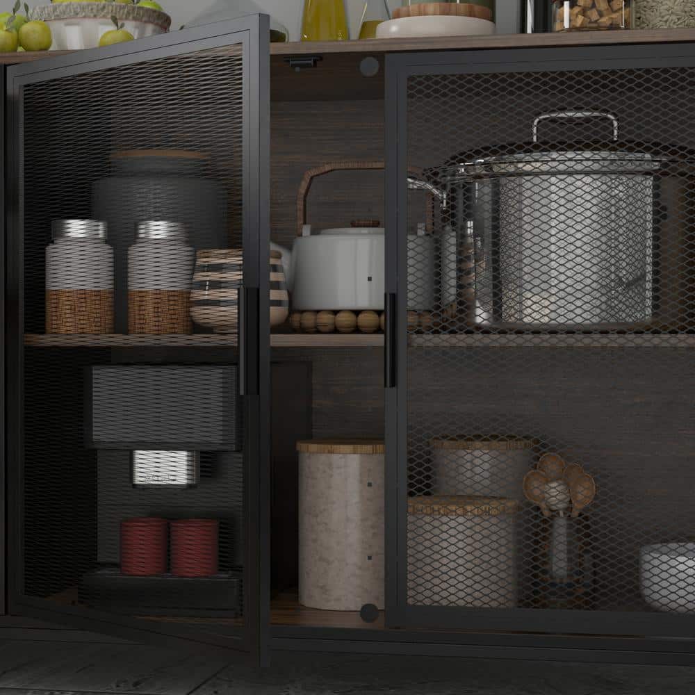 Brown Wood and Metal Mesh 3-Door Kitchen Pantry Cabinet