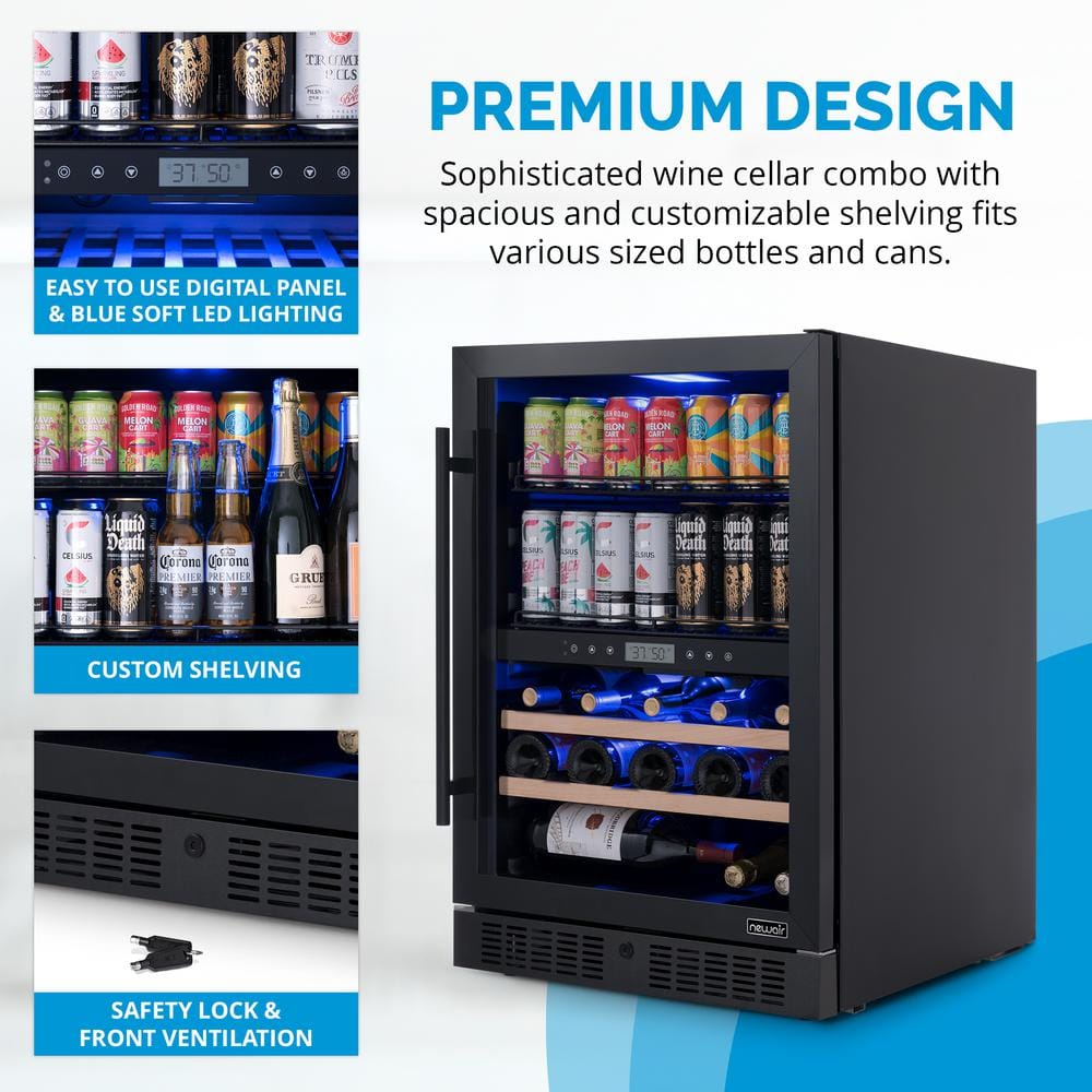 Newair 24" Black Stainless Steel Dual Zone Wine and Beverage Refrigerator