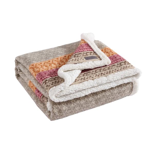 Eddie Bauer Fair Isle Light Beige Ikat Sherpa Reverse Throw Blanket