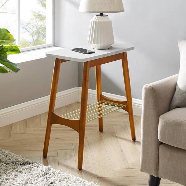 Welwick Designs Faux Marble Tapered Leg, Reclaimed Wood End Table Lamp Attached