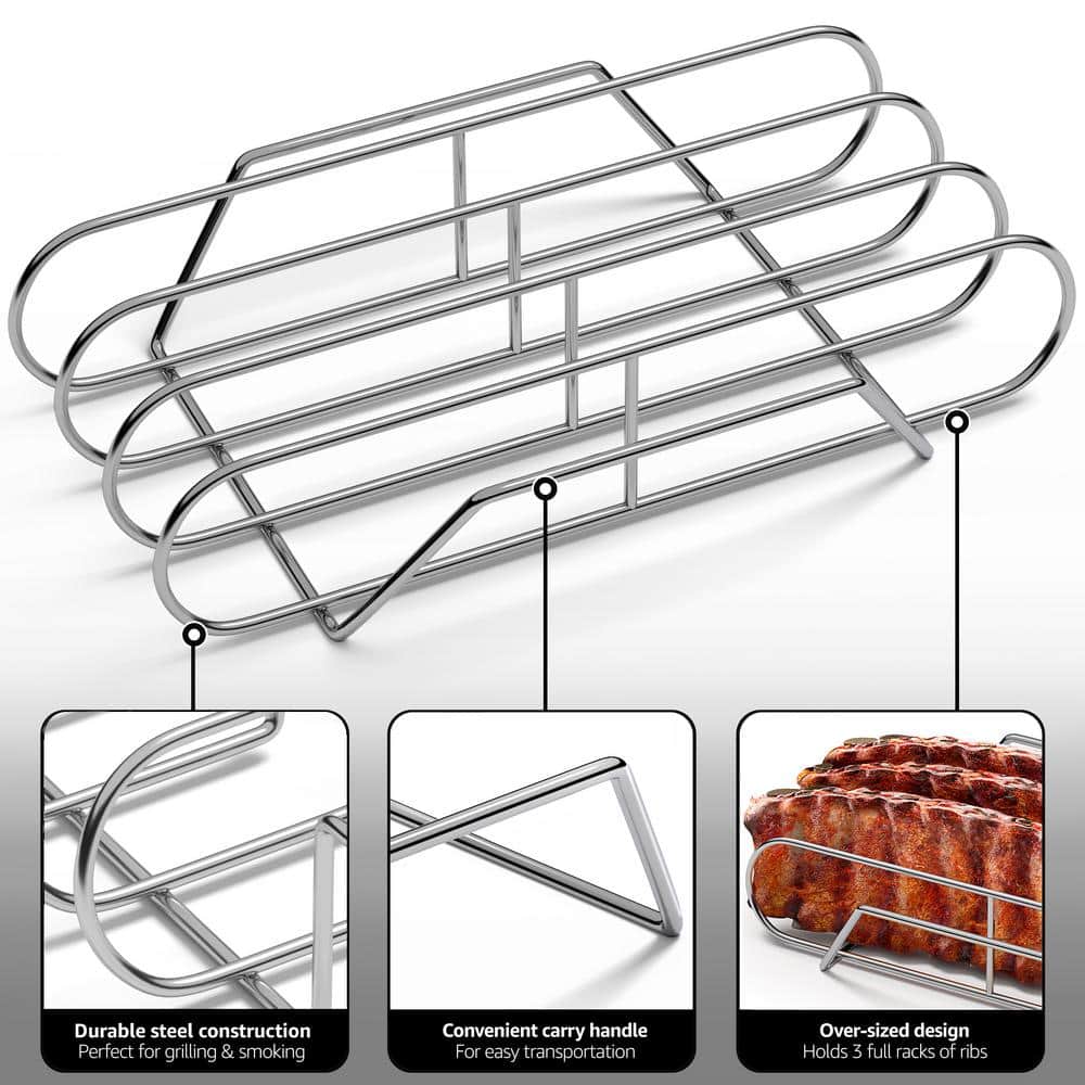 XL Silver Non-Stick Steel Rib Rack for Grilling