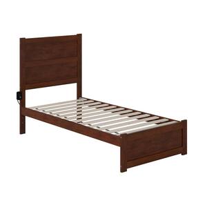 NoHo 38-1/4 in. W Walnut Twin Size Solid Wood Frame with Footboard and Attachable USB Device Charger Platform Bed