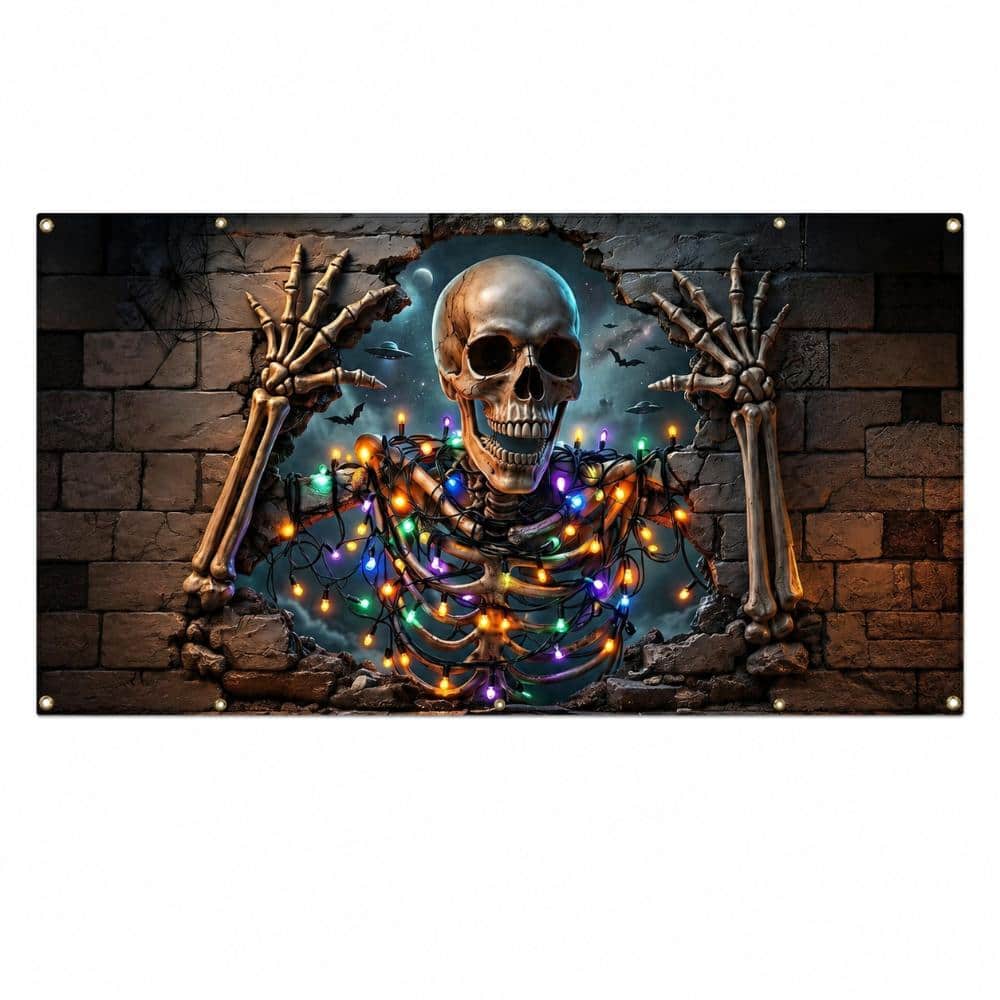 Halloween Garage Door Banner Skeleton Breaking Brick Wall with Colorful Fairy Lights and Jack-o -Lanterns Backdrop price history on PriceWatchPro