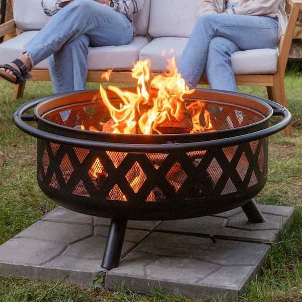 Sunnydaze Black Cross Weave 36 in. x 24 in. Round Steel Wood