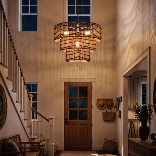 4-Light 25.75 in. Brown 3-Tiered Rustic Chandelier Light with Rattan Shade
