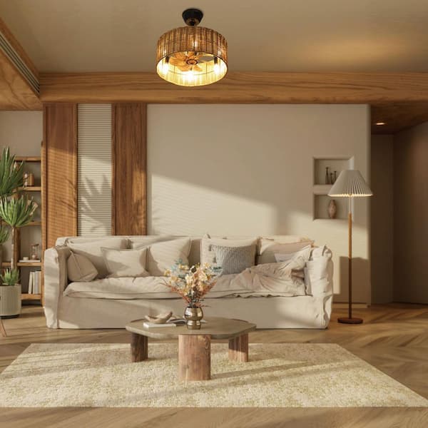 CreBeauty 12 in. Modern Black Ceiling Fan, 8 ABS Wood-Look Blades, 4-Light E12 Sockets, Remote, DC Motor and Downrods