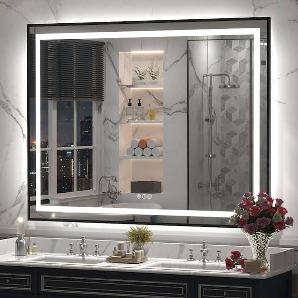 51 in. W x 40 in. H Rectangular Framed Front and Back LED Lighted Anti-Fog Wall Bathroom Vanity Mirror in Tempered Glass