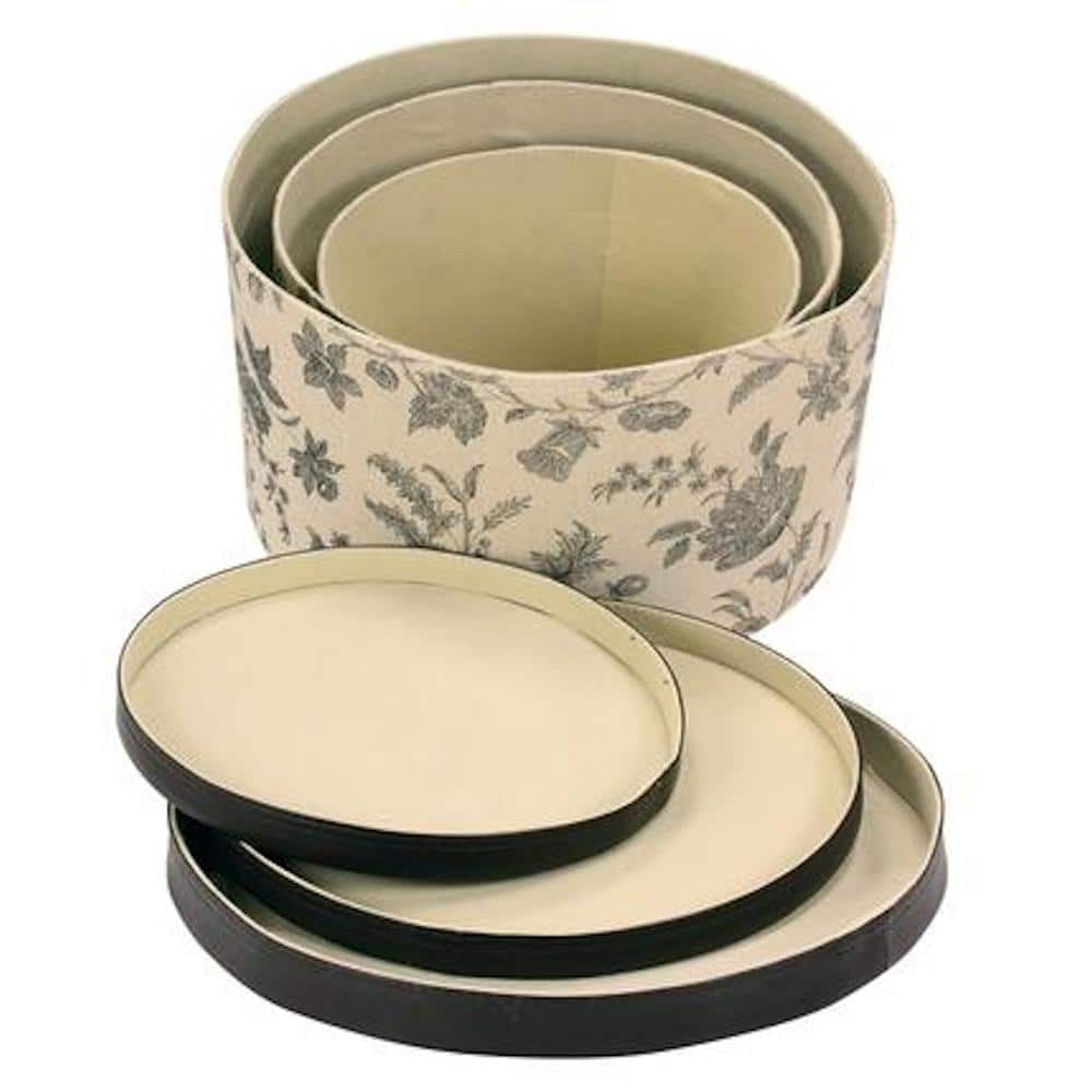 Set of Three Round Black and Tan Faux Leather Floral Storage Boxes