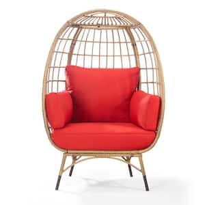 Yellow Patio Wicker Egg Chair with Cushion, Oversized Indoor Outdoor Lounger for Patio, Living Room with Red Cushion