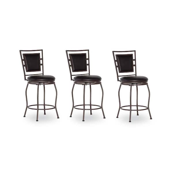 Townsend Adjustable 30 in. Dark Brown High Back Metal Bar Stool with Faux Leather Seat Set of 3
