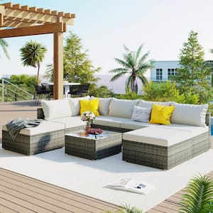 Gray 8-Pieces Outdoor PE Wicker Patio Furniture Set Garden Conversation Sofa Set with Beige Cushions