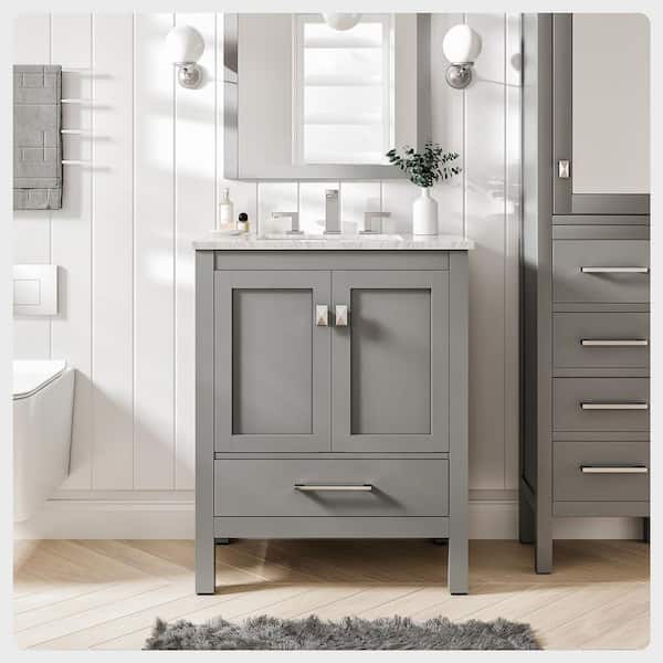 Eviva Aberdeen 30 in. W x 22 in. D x 35 in. H Bath Vanity in Gray with White Carrara Marble Top with White Sink
