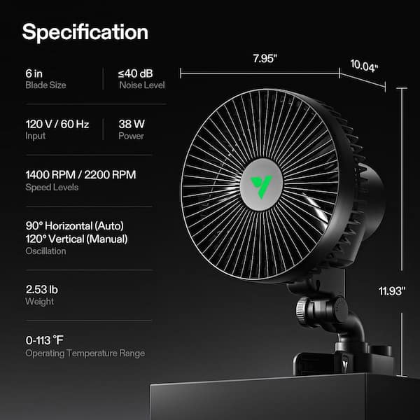 VIVOSUN AeroWave 6 in. Auto Oscillating Clip Desk Fan in Black