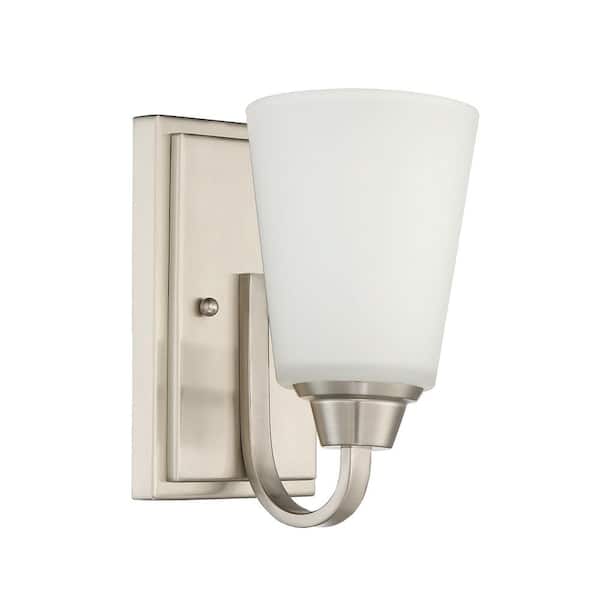 CRAFTMADE Grace 5.13 in. 1-Light Brushed Polished Nickel Finish Wall Sconce with Frost White Glass