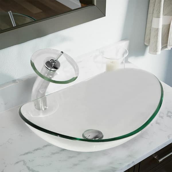 Bathroom Round Art Tempered Glass Basin Vanity Sink Bowl Waterfall Faucet Combo 