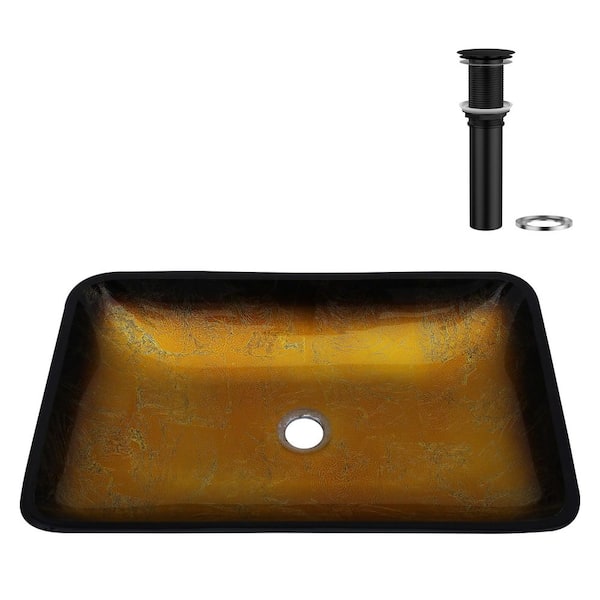 22-1/4 in. Yellow Glass Rectangular Vessel Bathroom Sink with Black Pop-up Drain