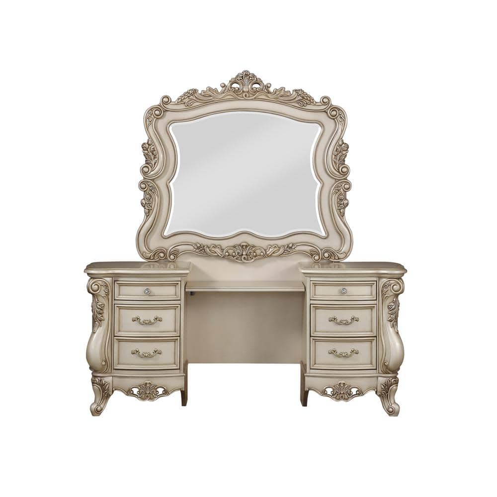 Golden Ivory 6-Drawer Wooden Vanity Desk with Mirror