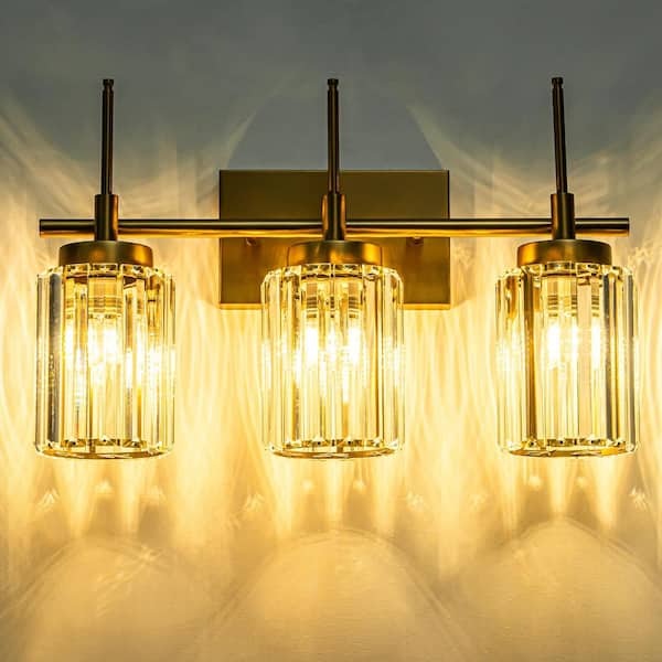 ZYZWMB 19.7 in. 3-Light Brushed Gold Dimmable Crystal Bathroom