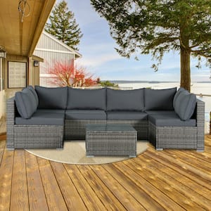 Gray Wicker 7-Piece Modular Outdoor Sectional Patio Furniture Conversation Set w/Gray Cushions 6 Chairs 1 Coffee Table
