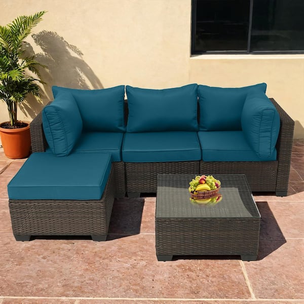fiziti 5-Piece Wicker Outdoor Patio Conversation Seating Sofa Set with Dusty Blue Cushions