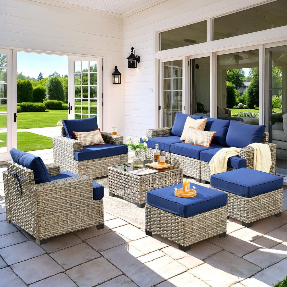 ネイビー ウィッカー ダイニングチェア XIZZI Vinea 8 Pieces Wicker Patio Conversation Seating Sofa Set